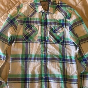 Guess Western Slim Fit Plaid Green & Blue Shirt Pearlized Buttons Linen Cotton